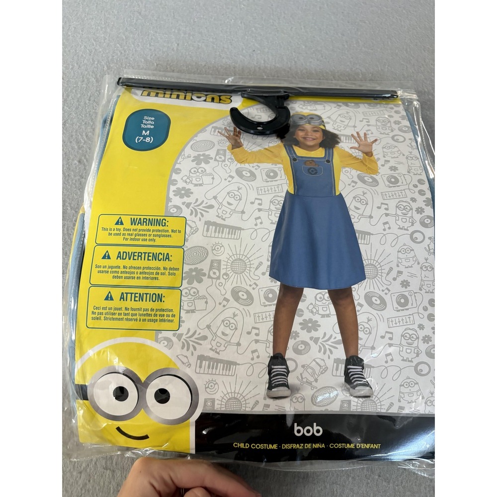 Minions Bob Costume Girls Medium 7-8 Yellow‎ Blue Dress Headpiece Disguise Movie